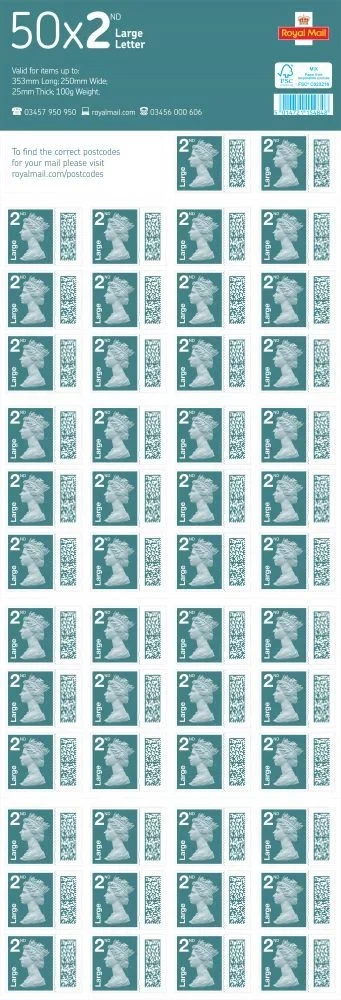 Royal Mail 2nd Class Large Letter Stamps Book of 50