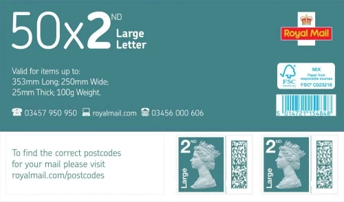 Royal Mail 2nd Class Large Letter Stamps Book of 50