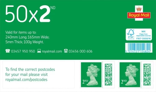 Royal Mail 2nd Class Letter Stamps Book of 50
