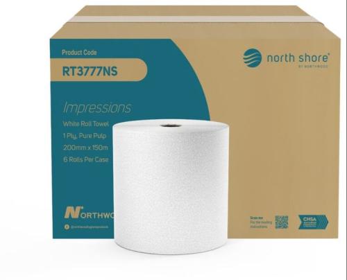 Northshore White Hand Towel Roll x6 (190m)