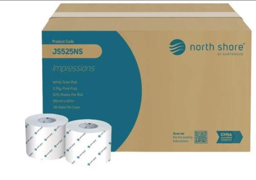 North Shore White Toilet Roll, 2 Ply, 625 Sheets Per Roll, 36 Rolls per case
