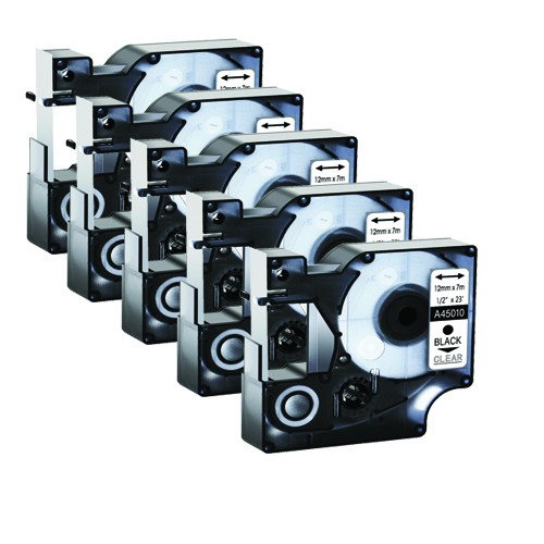 EasyOffice Compatible Dymo Black on Clear D1 12mm Tape 45010 / S0720500 - 5 Pack