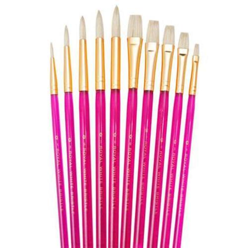 WHITE BRISTLE Paint Brushes SET OF 10 (ROUND/FLAT/DETAIL/POINTED/SHADE)