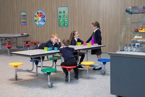 Eight Seat Rectangular Mobile Folding Primary School Dining Table Blue Grey Eight Seat Rectangular Mobile Folding Primary School Dining Table Blue Grey