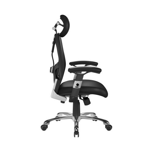 Willard Ergonomic Luxury High Back Executive Mesh Chair with Chrome Base Adjustable Arms Certified for 24 Hour Use Black Leather Effect PU