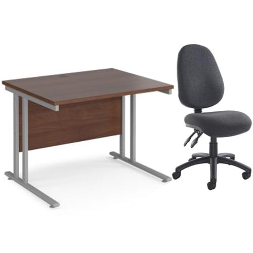 Maestro 25 straight desk and chair no arms bundle 1000mm x 800mm - silver cantilever leg frame walnut top