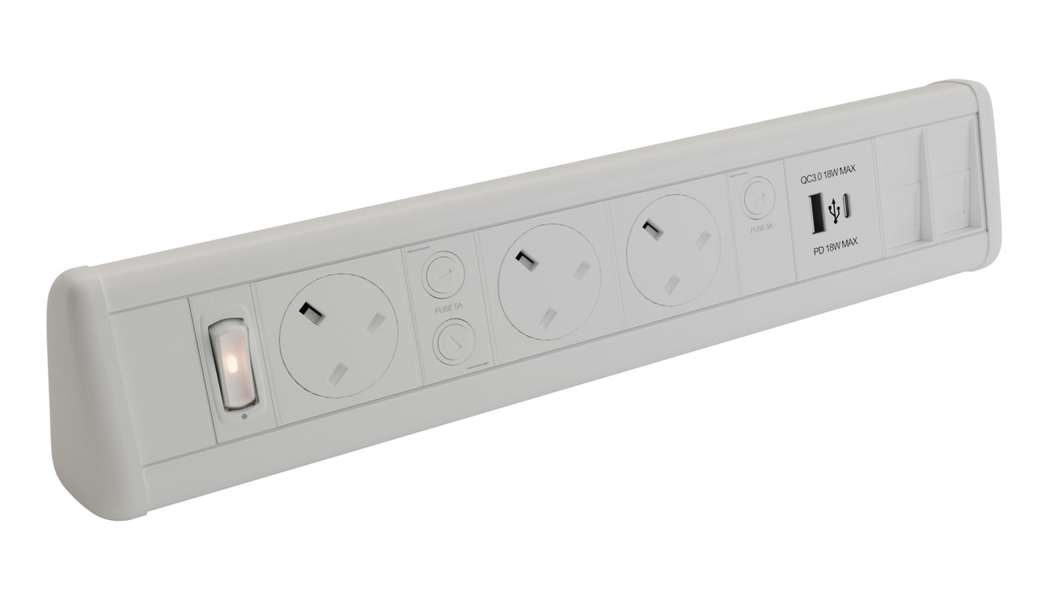 Powerpack Desktop Unit 3 x 5A sockets 2 x Cat6 Dual 5V 3.4A USB White ...