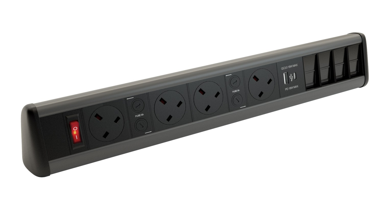 Powerpack Desktop Unit 4 x 5A sockets 4 x Cat6 Dual 5V 3.4A USB Black