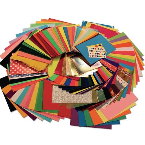 A fantastic colourful array of over 530 A3 and A4 sheets to include assorted colour card, paper, EVA, felt, fluorescent, corrugated, crepe, tissue, tracing, holographic, metallic, cellophane, iridescent, glitter and stickers for cutting and craft.