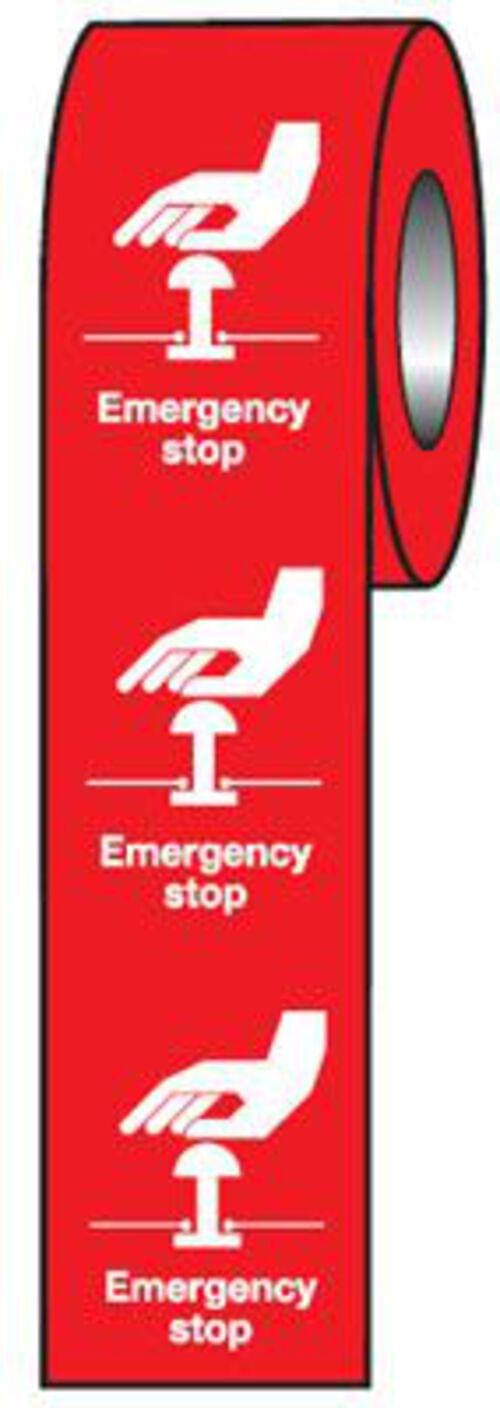Emergency Stop (Red) Label 75x55mm Self Adhesive Vinyl (Roll of 250)