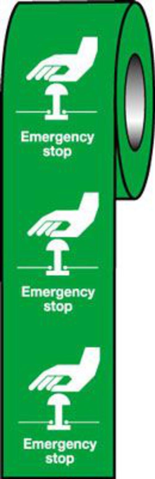 Emergency Stop (Green) Label 75x55mm Self Adhesive Vinyl (Roll of 250)
