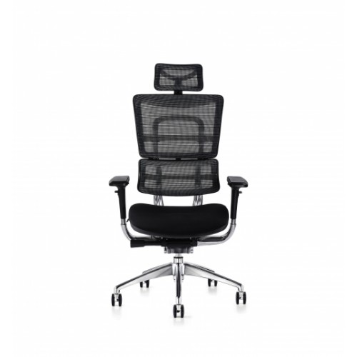 i29 Ergonomic Polished Knee Tilt Mechanism Black Soft Weave Back & Upholstered Seat Chair with Ergonomic Head Rest & 4D Adjustable Arms