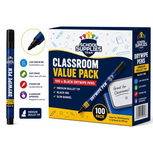 School Value Drywipe Pens Medium Bullet Black Slim Barrel [Pack 100]