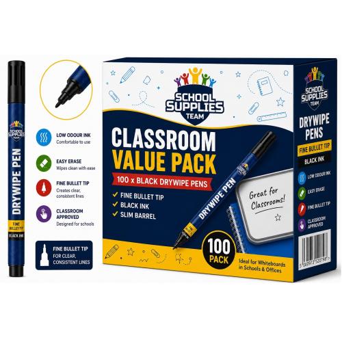 School Value Drywipe Pens Fine Bullet Black Slim Barrel [Pack 100]