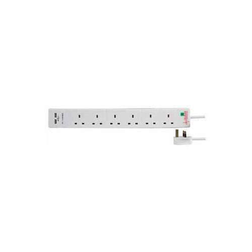 6 Way 2 USB Surge Protected Extension Lead, 5m, White