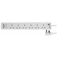 6 Way 2 USB Surge Protected Extension Lead, 5m, White