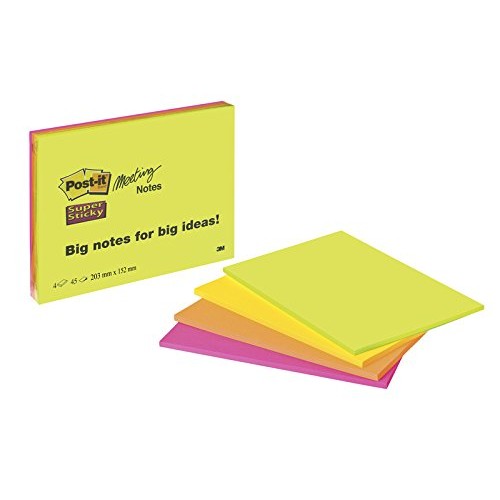 Post-it Notes 200 x 149 mm Super Sticky Note Pad, Green, Pink, Orange, Yellow, 4 pads