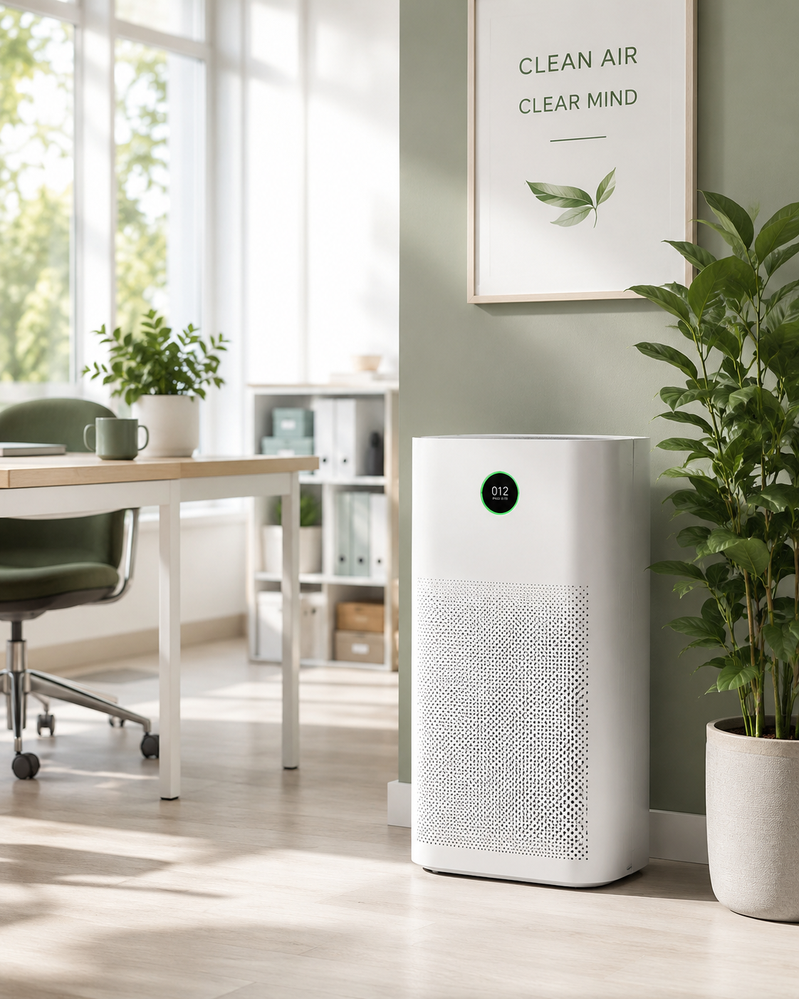 Clean modern workplace with an office air purifier visible