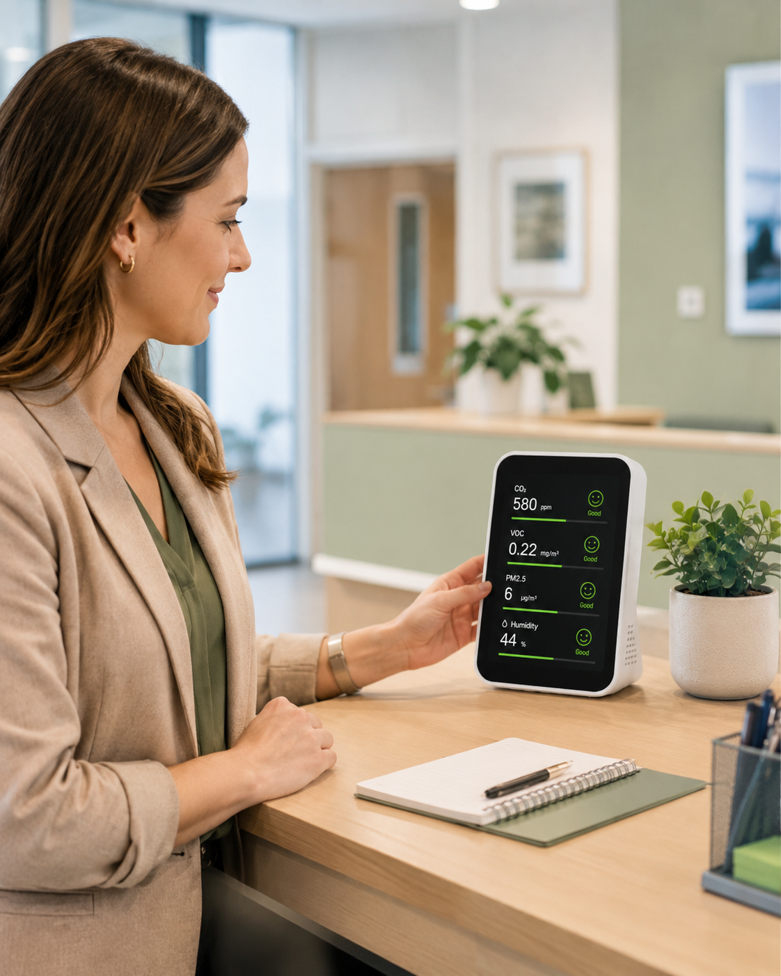 Staff member checking an indoor air quality monitor in a workplace