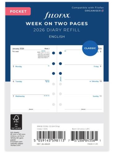 Filofax Pocket Week on two pages English 2026 diary 26-68221