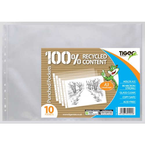 Tiger Recycled Punched Pockets A3 Landscape 90 Microns