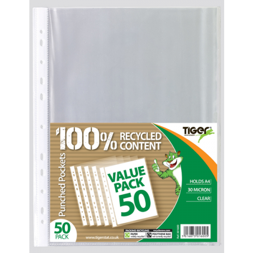 Tiger Value Punched Pockets A4 30 Microns Pack 50s