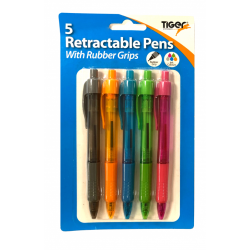 Tiger Retractable Grip Ballpoint Pens Assorted Pack 5