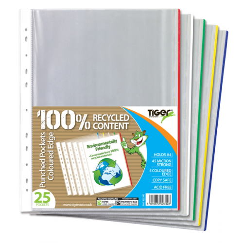 Tiger Recycled Punched Pockets A4 45 Microns With Coloured Edges