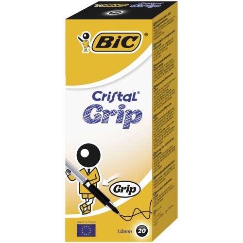 BIC Cristal Grip Ball Pens Medium Point (1.0 mm) - Black, Box of 20