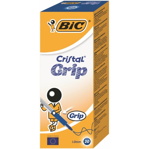 BIC Cristal Grip Ball Pens Medium Point (1.0 mm) - Blue, Box of 20