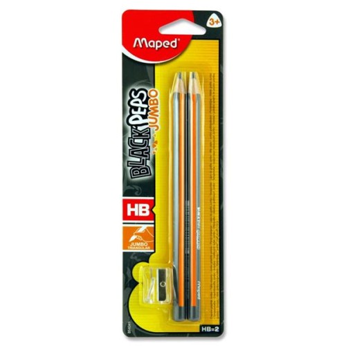 Maped Black Jumbo HB Pencils & Sharpener Twin Pack