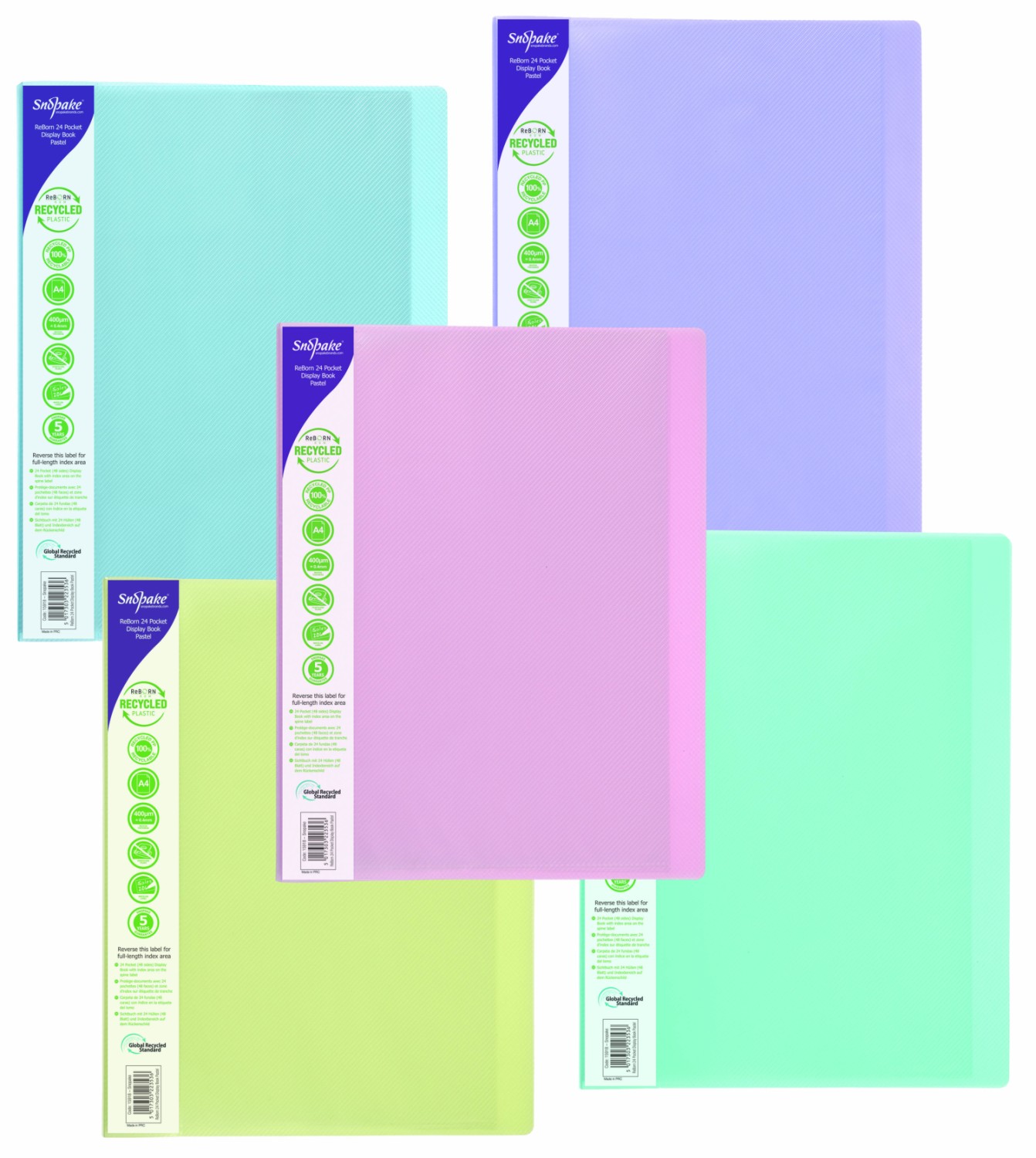 Snopake Reborn 100% Recycled A4 24 Pocket Display Books Assorted Pastel Colours