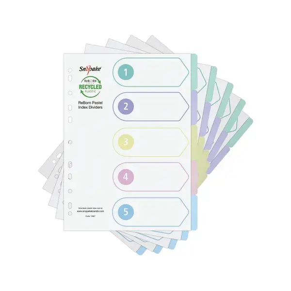Snopake Reborn Ring Binder A4 Dividers 5 Part Assorted Pastel Tabs