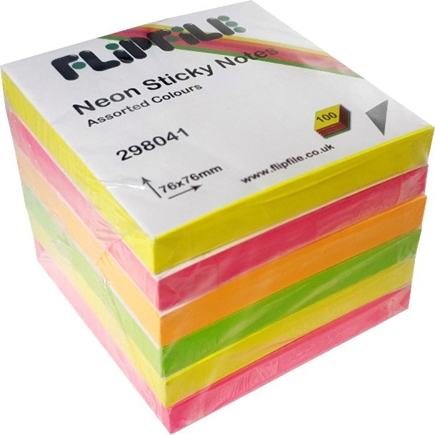 Flipfile Neon Sticky Notes 76mm x 76mm Assorted Colours