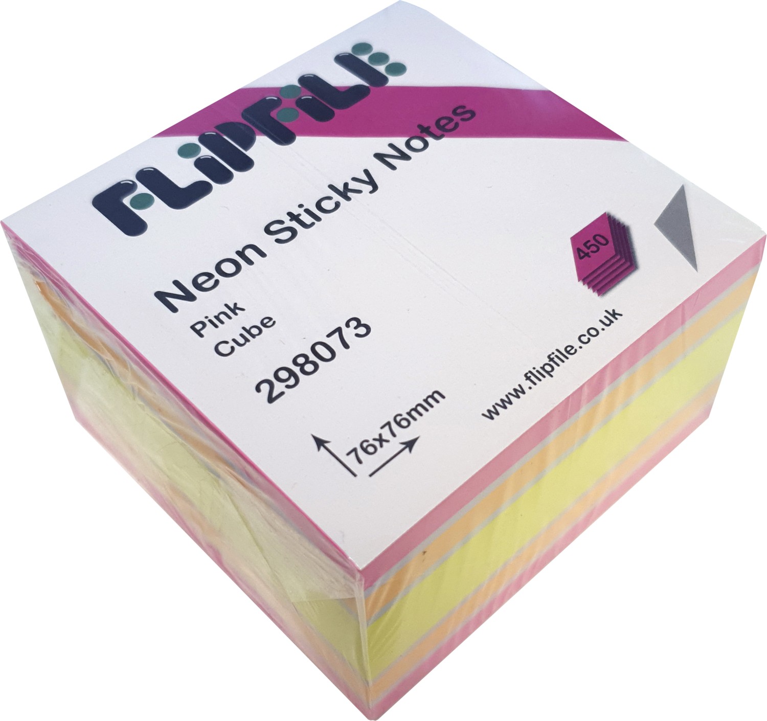 Flipfile Neon Sticky Note Cube 76mm x 76mm Pink Cube 450 Sheets Assorted Colours