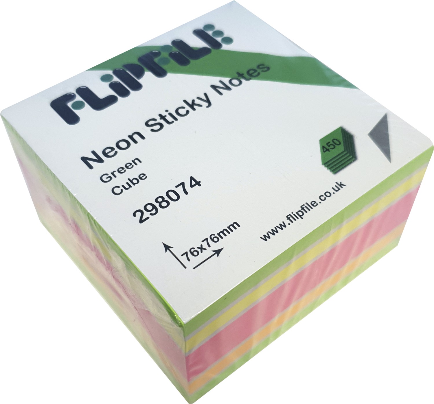 Flipfile Neon Sticky Note Cube 76mm x 76mm Green Cube 450 Sheets Assorted Colours