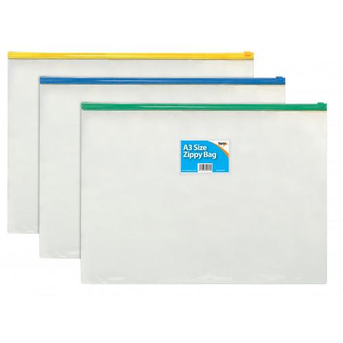 Tiger PVC Transparent Zippy Bags A3 Assorted Colours