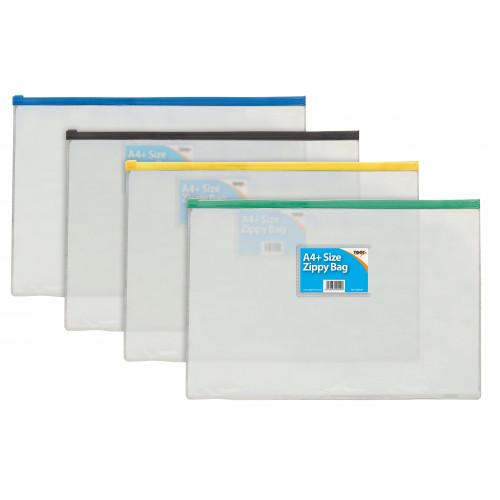 Tiger PVC Transparent Zippy Bags A4+ Assorted Colours
