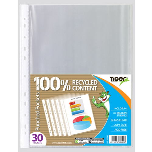 Tiger Glass Clear Punched Pockets A4 45 Microns Pack 30s
