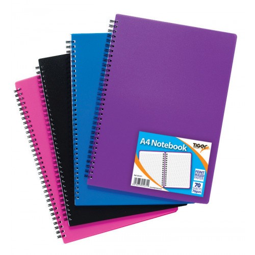 Tiger Polypropylene Twin Wire Notebooks A4 Feint Ruled Assorted Colours