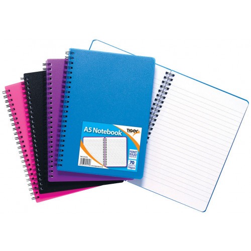 Tiger Polypropylene Twin Wire Notebooks A5 Feint Ruled Assorted Colours