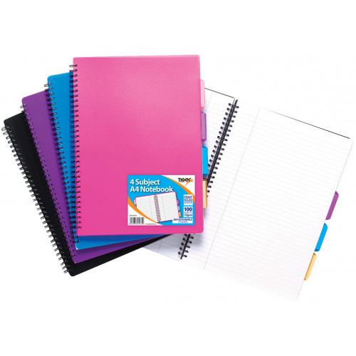Tiger Project Book Spiralbound 4 Subject A4 100 Sheets Feint Ruled Assorted Colours