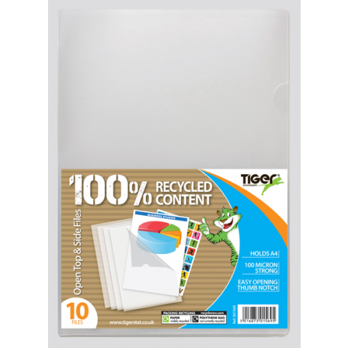 Tiger Recycled Value Open Top & Side Clear Folders A4 100 Microns