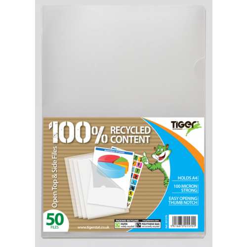 Tiger Recycled Value Open Top & Side Clear Folders A4 100 Microns