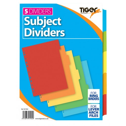 Tiger Subject Dividers A4 5 Part Vivid Coloured Tabs