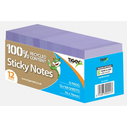 Tiger Recycled Sticky Notes 3" x 3" (76mm x 76mm) 100 Sheets Per Pad