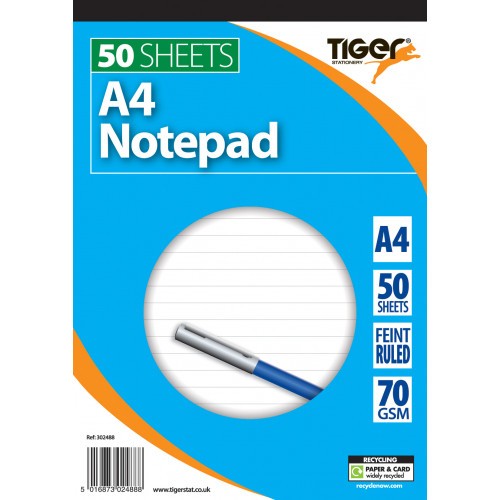 Tiger Soft Cover Notepads A4 50 Sheets 8mm Feint Ruled