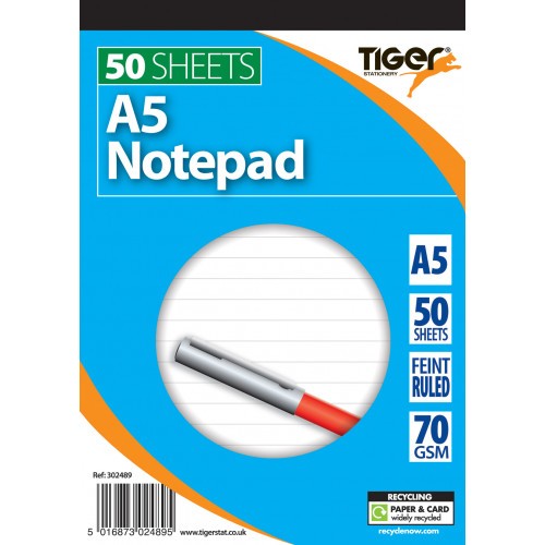 Tiger Soft Cover Notepads A5 50 Sheets 8mm Feint Ruled