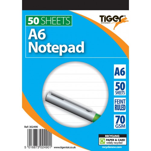 Tiger Soft Cover Notepads A6 50 Sheets 8mm Feint Ruled