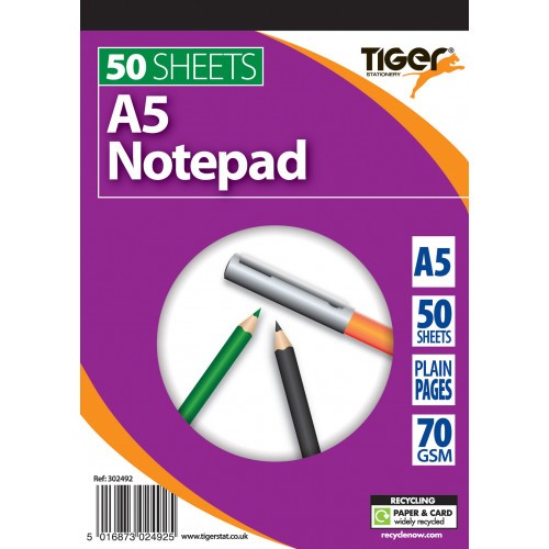 Tiger Soft Cover Notepads A5 50 Sheets Plain